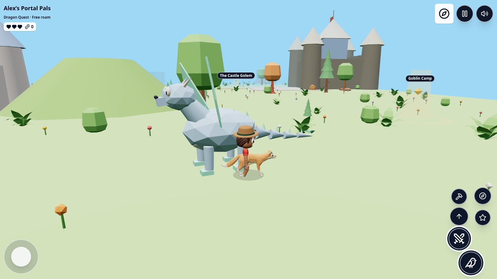 The hero and fox meeting a friendly dragon near a castle