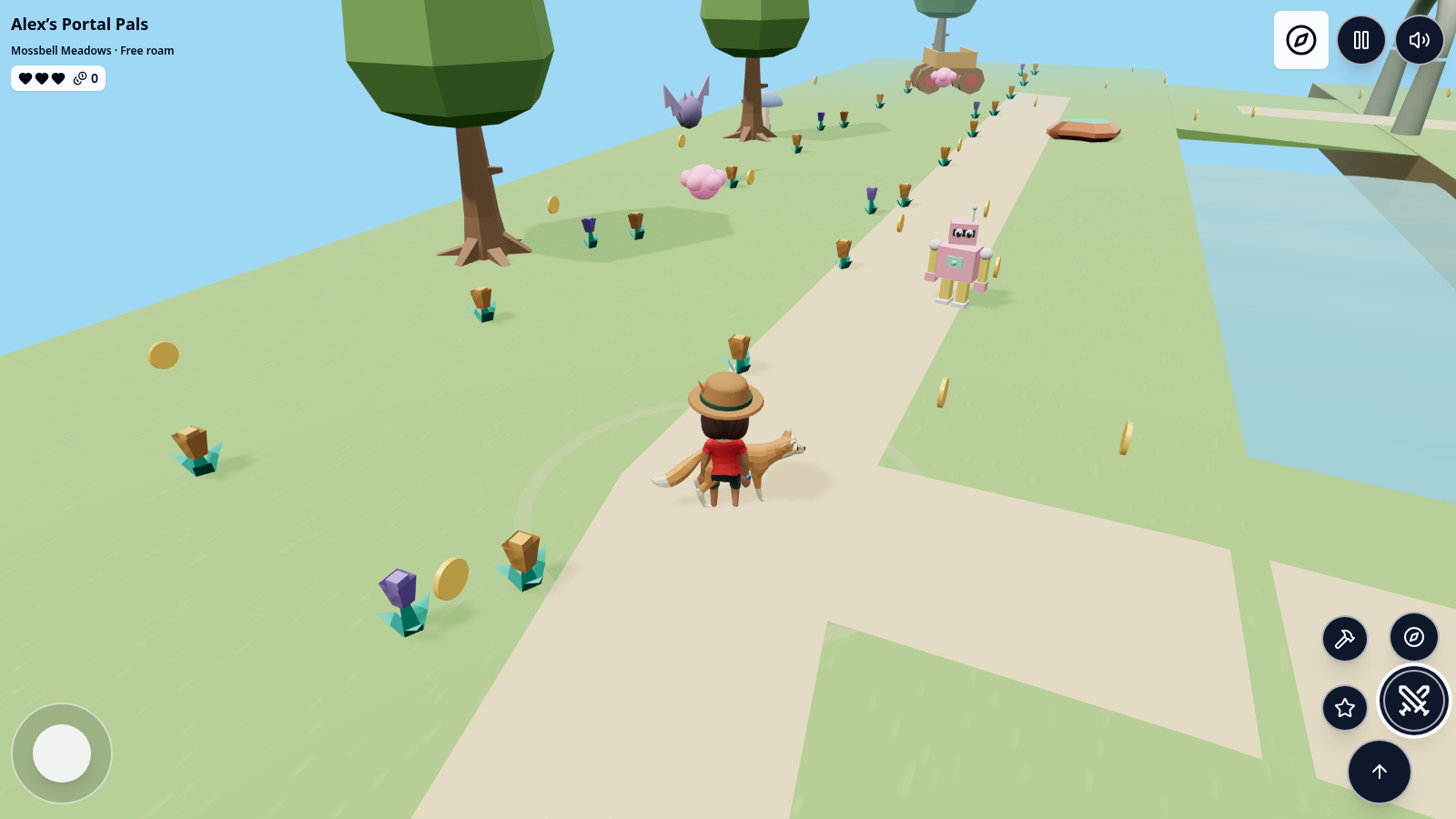 Alex exploring a meadow path with the fox companion
