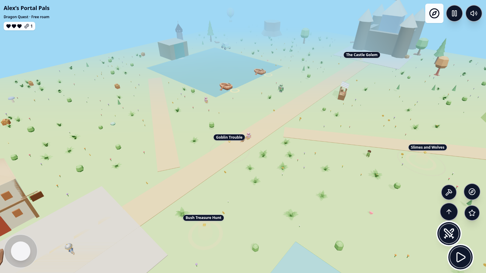 A game world with a village, lake and castle viewed from above